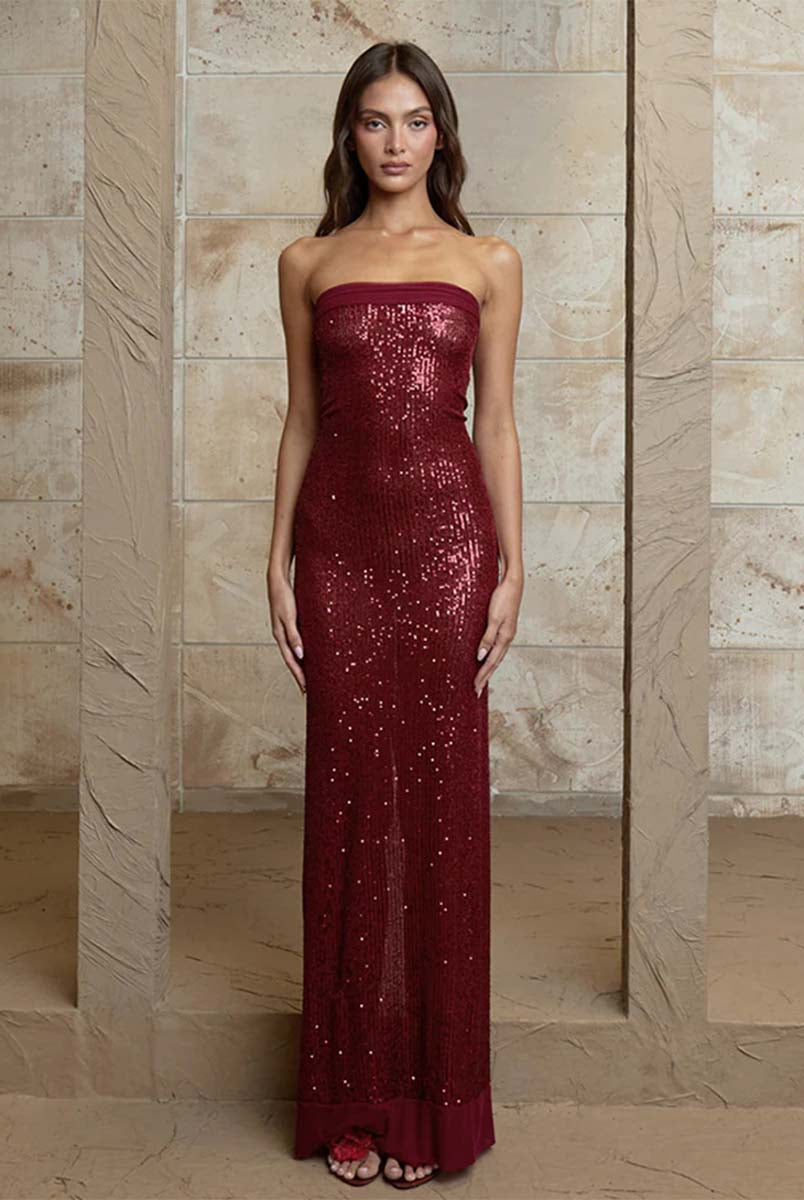 Strapless Slim-Fit Sequin Backless Gown with Slit