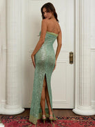 Slim-Fit Gown - Sequin, Strapless, Backless with Slit