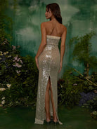 Sparkling Sequin Strapless Gown - Slim-Fit, Backless with Slit