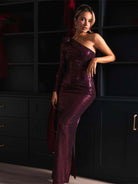 Slim-Fit One-Shoulder Sequin Evening Gown