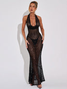 Evening Gown - Slim-Fit Sequin Deep V-Neck Halter Backless