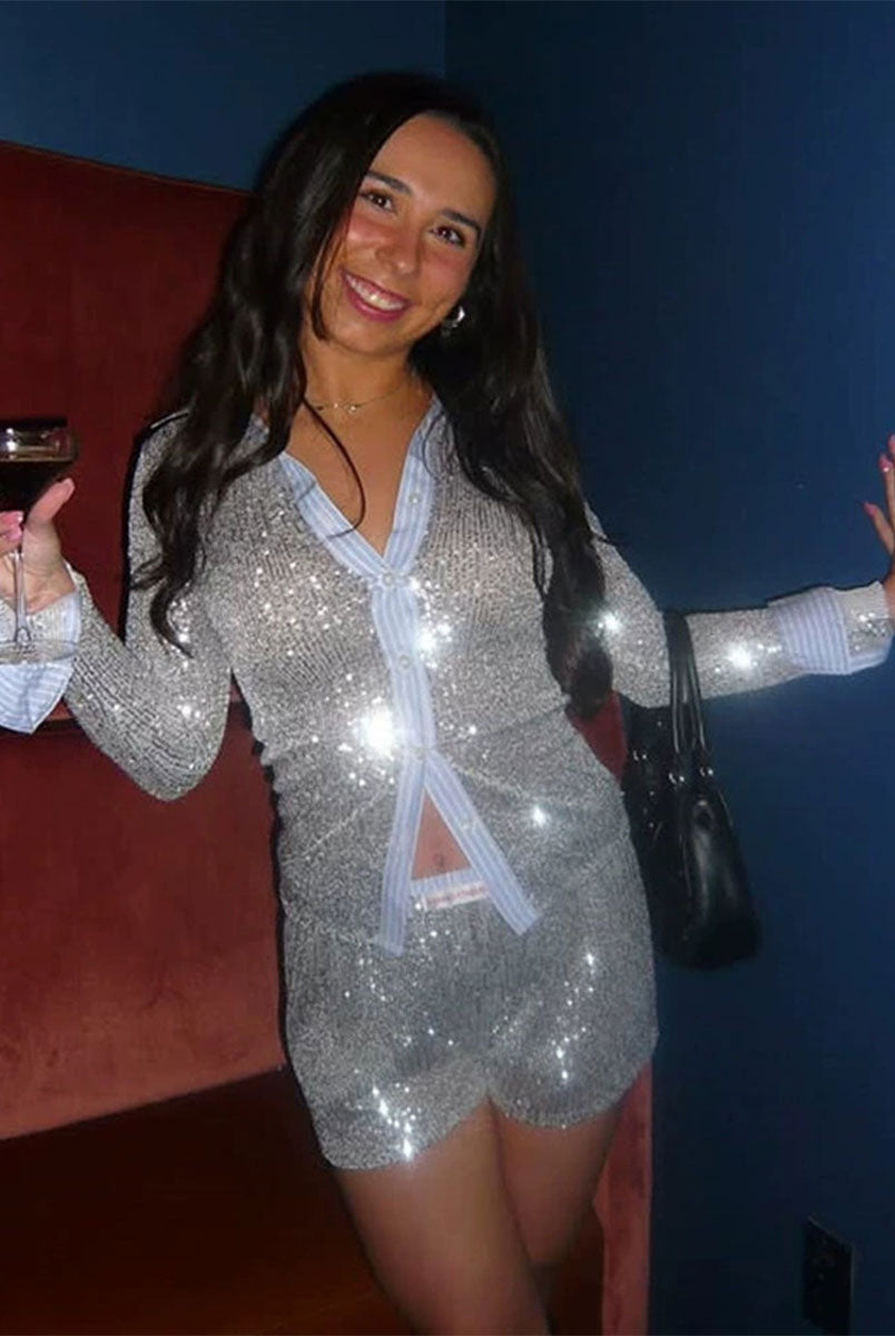 Slim Shorts and Sequin Shirt Summer Casual Set