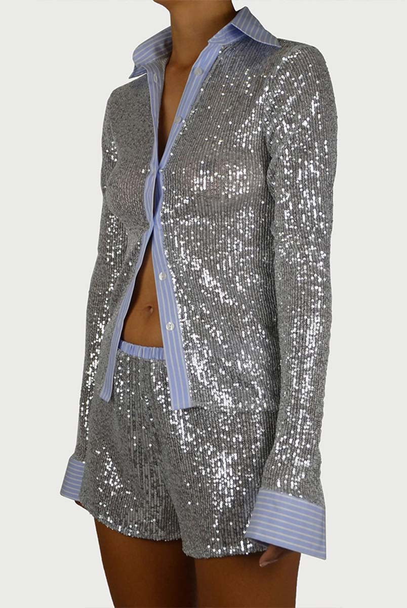 Casual Summer Outfit - Sequin Top and Slim Shorts