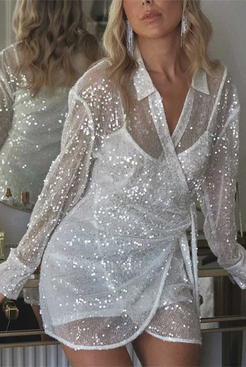 Sequin Loose Mesh Lapel Tie-Waist Mini Dress