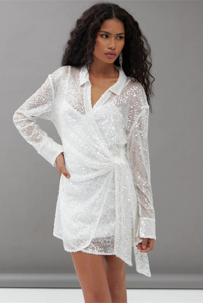 Mesh Lapel Sequin Loose Tie-Waist Mini Dress