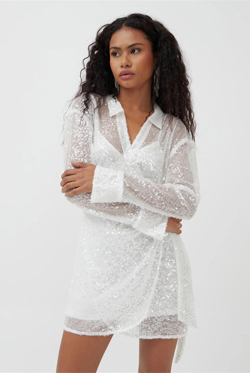 Tie-Waist Sequin Mesh Lapel Loose Mini Dress
