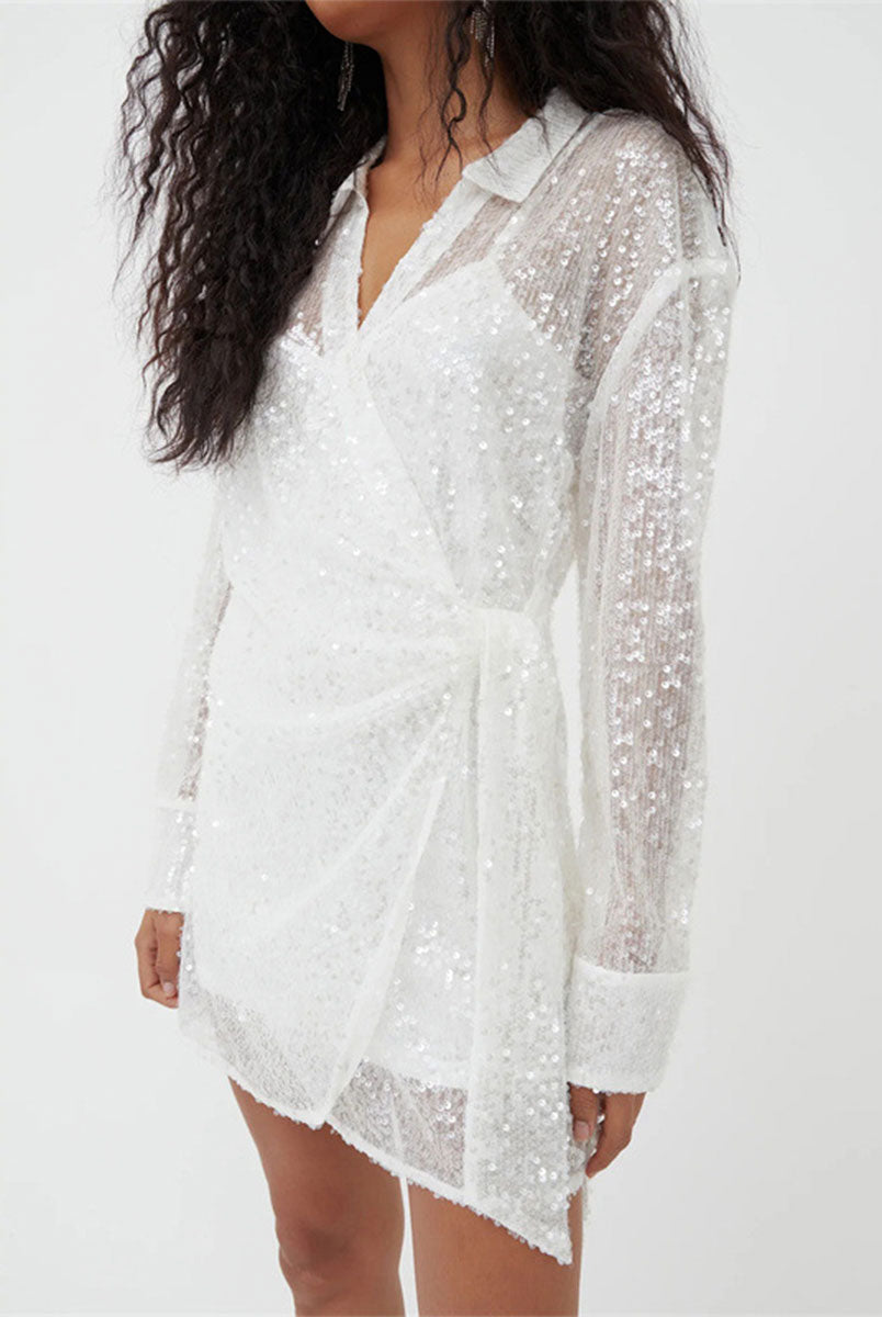 Loose Fit Mini Dress with Sequin Mesh Lapel and Tie-Waist