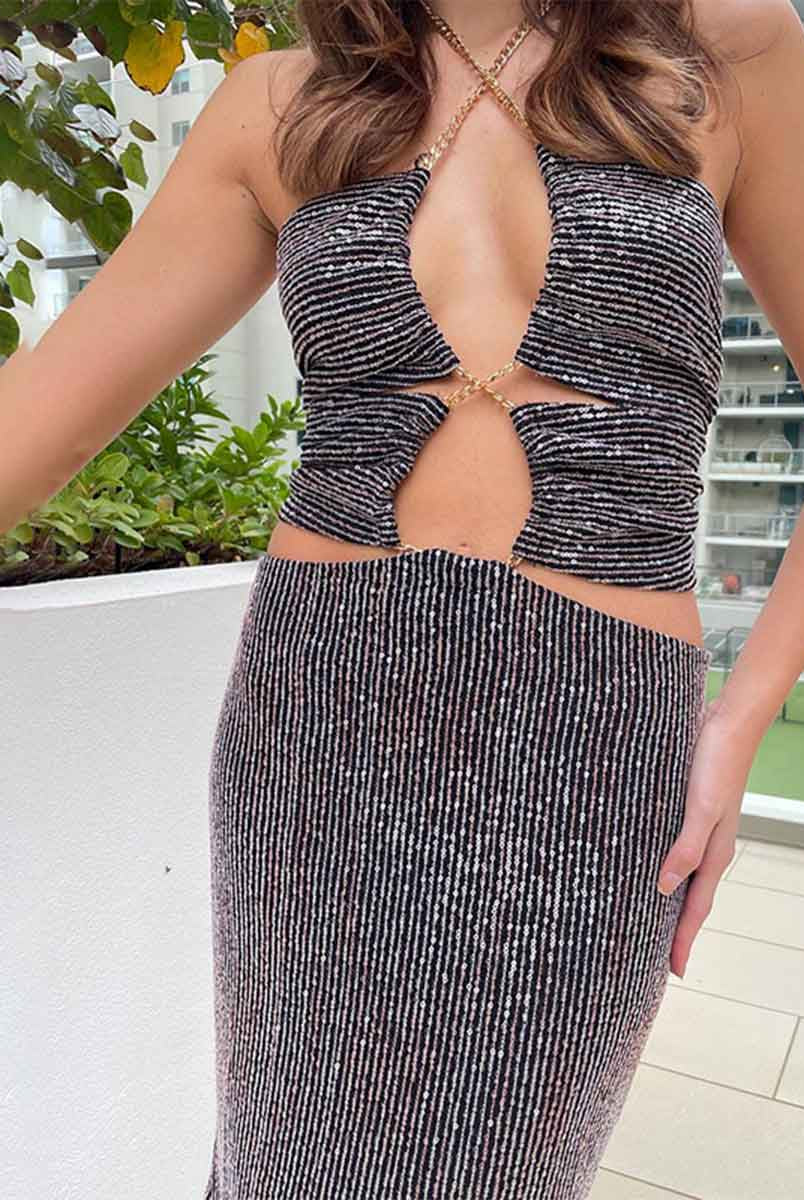 Backless Sequin Slim-Fit Halter Cutout A-Line Dress