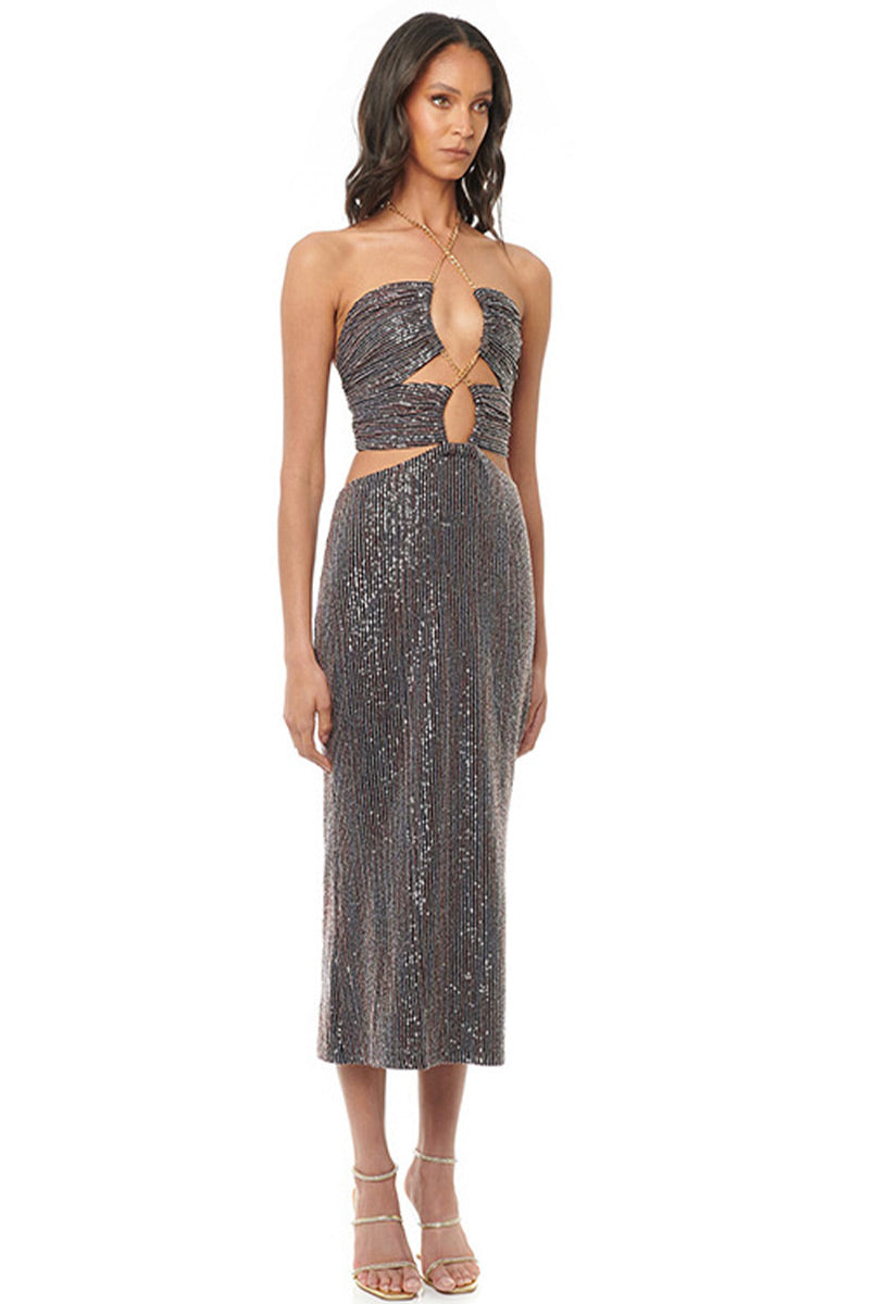 A-Line Dress - Slim-Fit Sequin Halter Cutout Backless