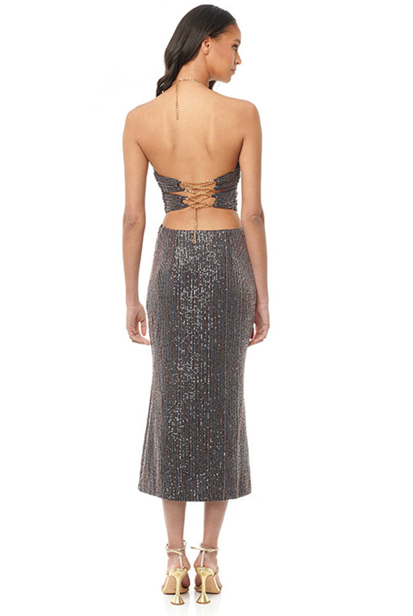 Sparkling Halter Sequin A-Line Dress - Slim-Fit Cutout Backless