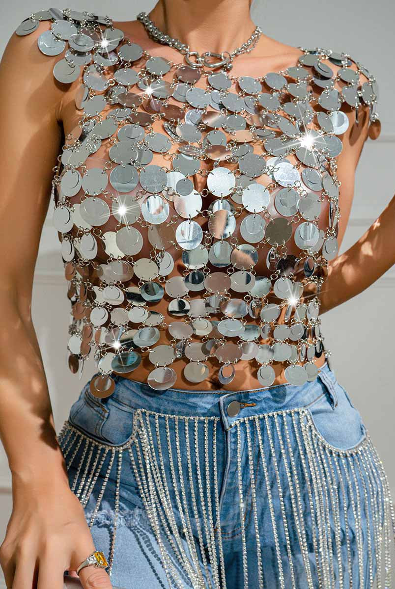 Chainmail Silver Sequin Patchwork Tank Top