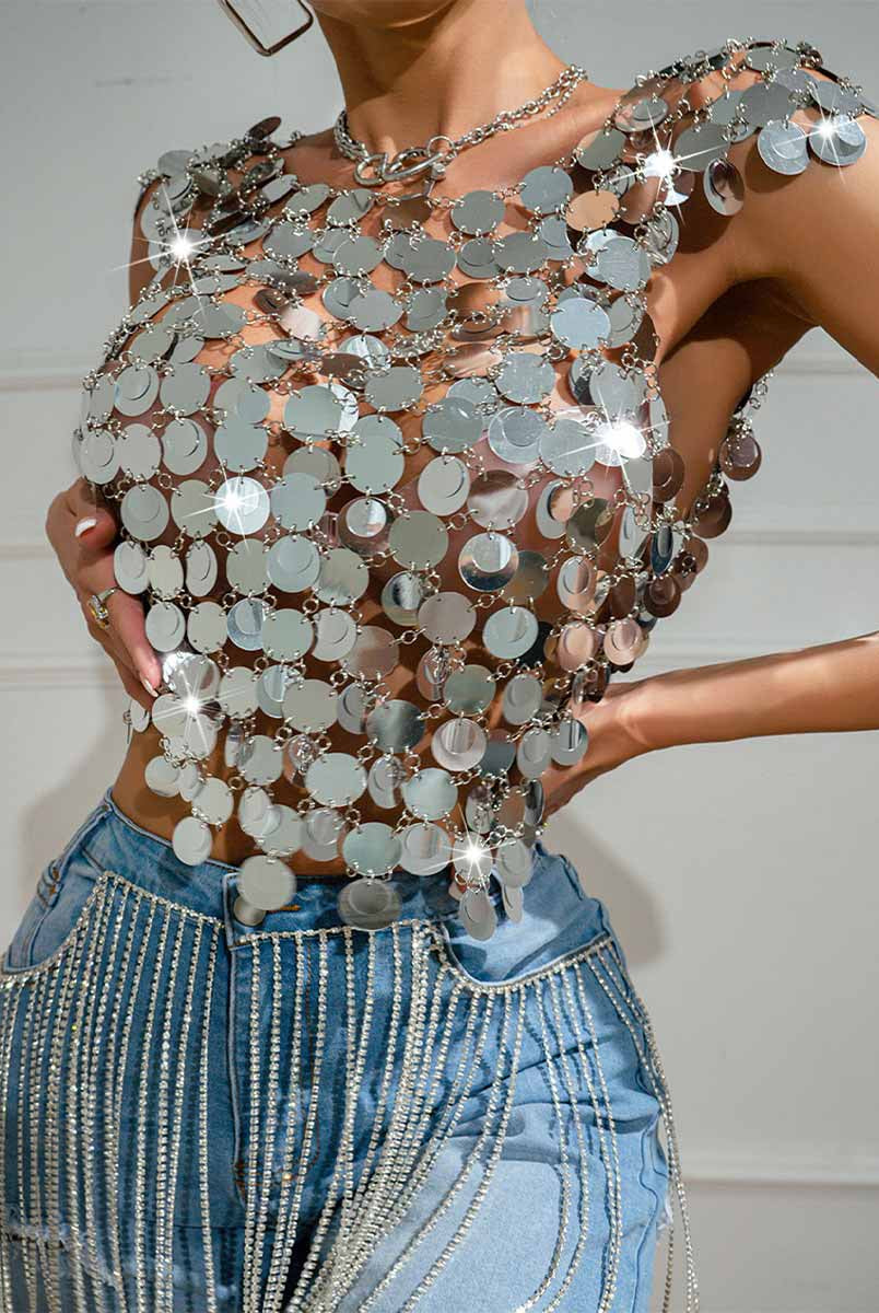 Patchwork Silver Sequin Chainmail Tank Top