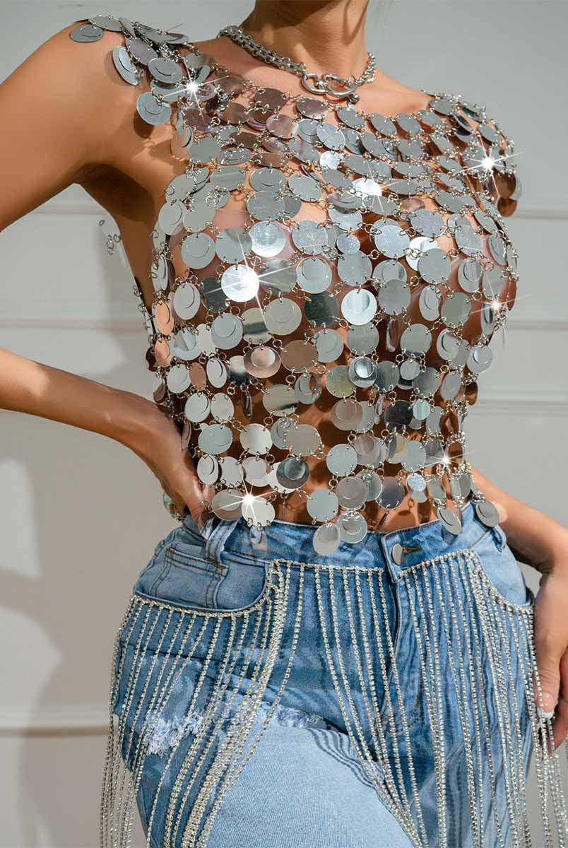 Silver Chainmail Sequin Patchwork Tank Top