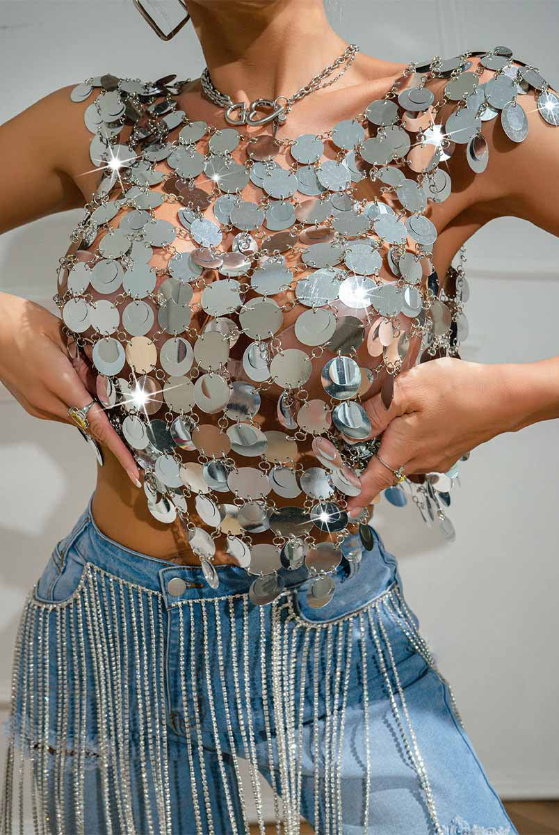 Sequin Chainmail Silver Patchwork Tank Top