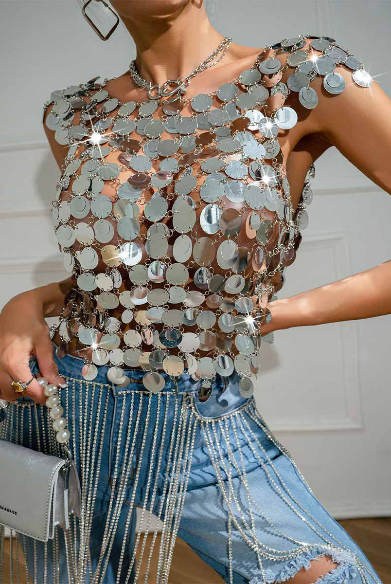 Patchwork Tank Top - Silver Sequin Chainmail Design