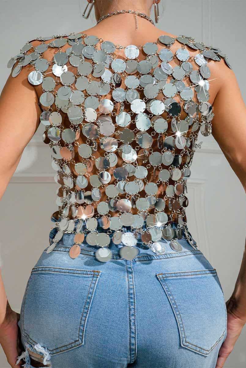 Sparkling Silver Tank Top with Sequin Chainmail Patchwork