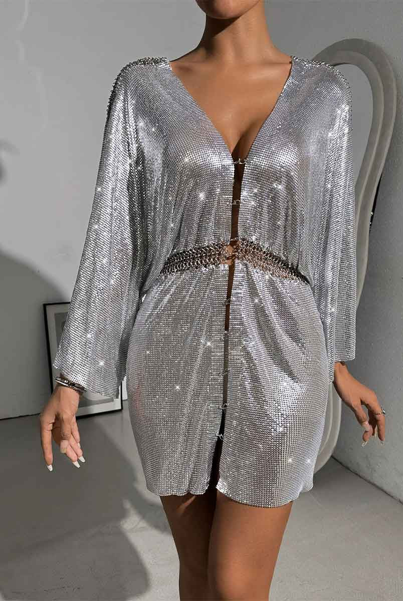 Metallic Sequin Loose V-Neck Dress