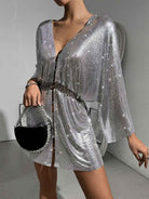 V-Neck Loose Metallic Sequin Dress