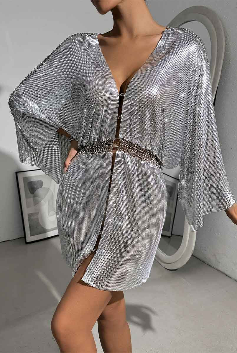 Loose Fit Metallic Sequin V-Neck Dress