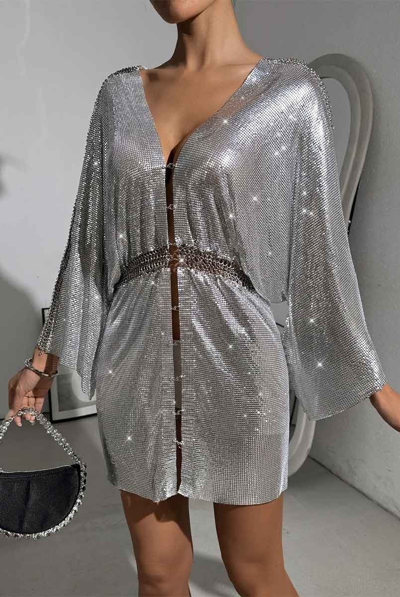 Sequin Loose Metallic V-Neck Dress