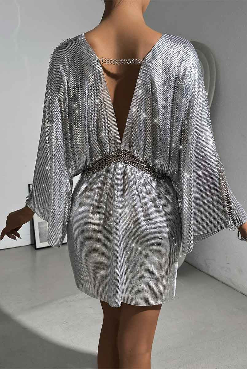 Relaxed Fit Metallic Sequin Dress with V-Neck