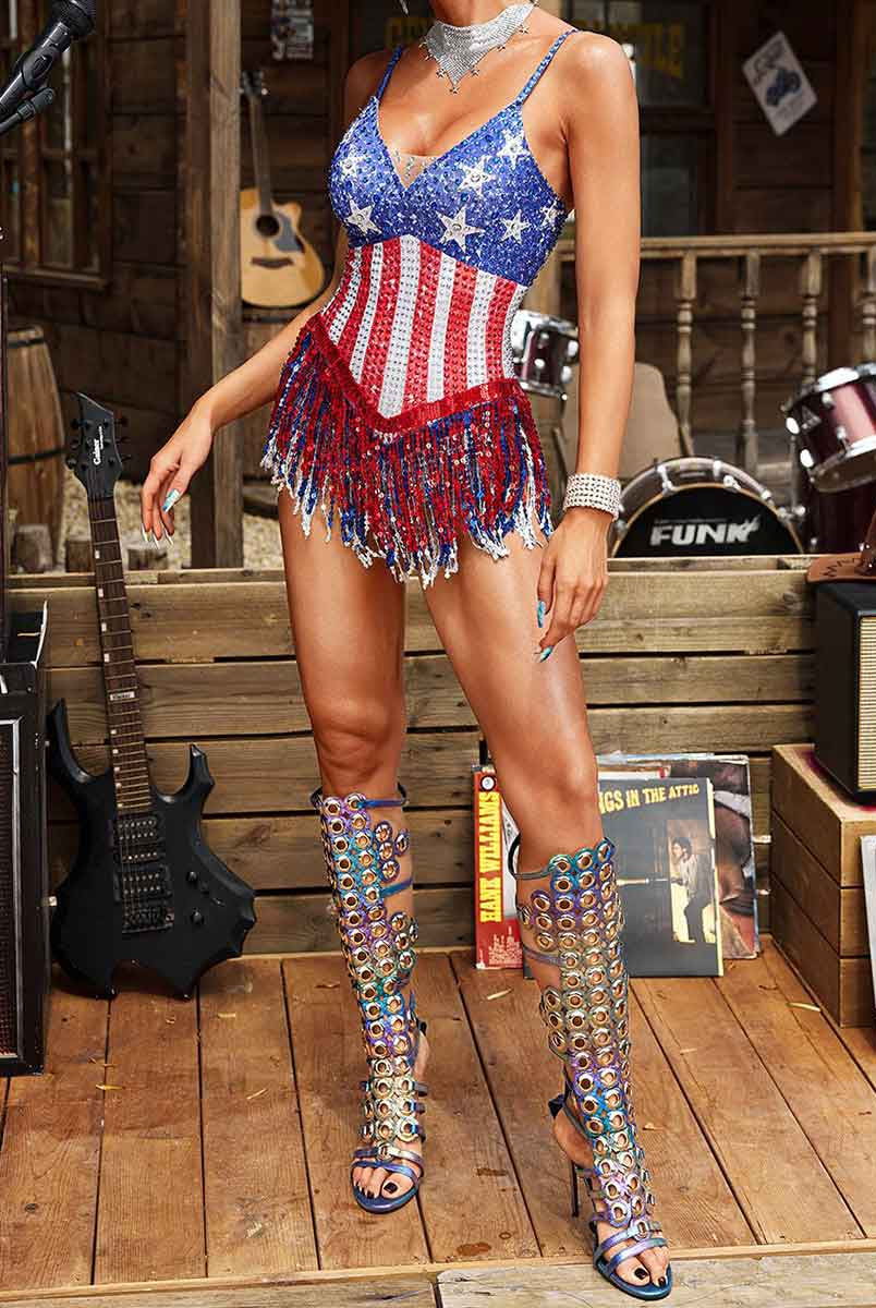 Fringe Rhinestone Star-Spangled Sequin Bodysuit