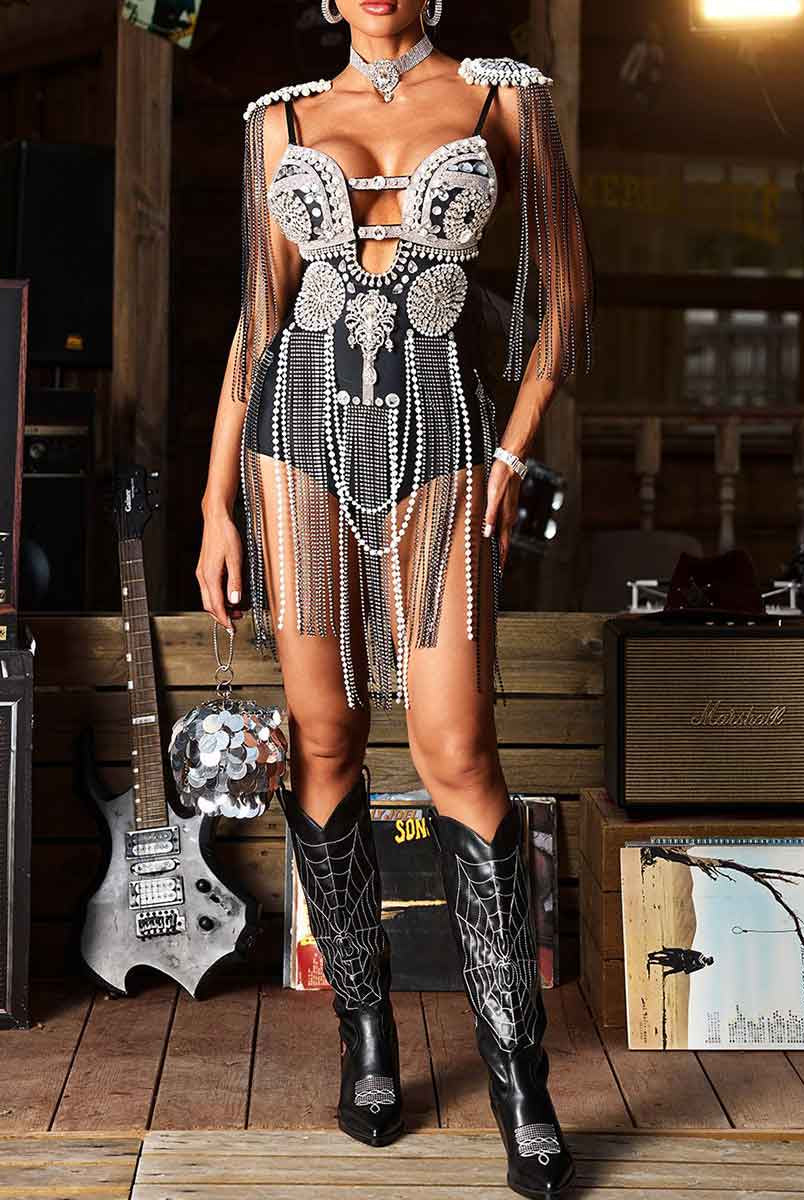 Luxury Rhinestone Fringe Cut-Out Bodysuit
