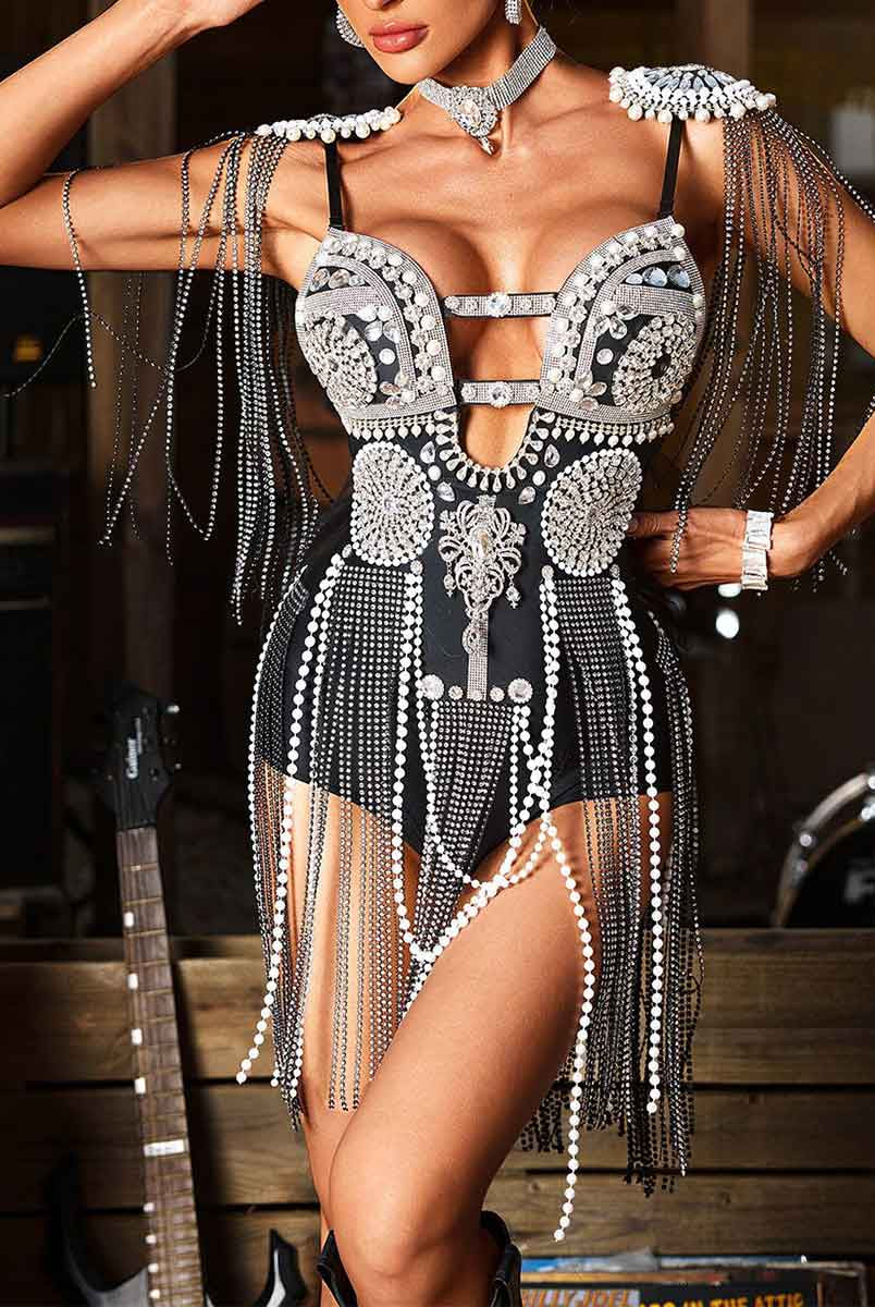 Cut-Out Rhinestone Fringe Bodysuit (Luxury)