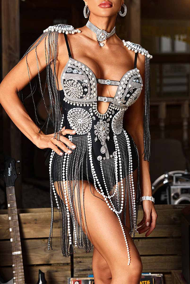 Luxury Bodysuit with Rhinestone Fringe and Cut-Outs