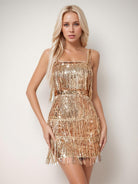 Champagne Solid Color Sequin Fringe Spaghetti Strap Party Dress
