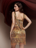 Deep Gold Solid Color Sequin Fringe Spaghetti Strap Party Dress