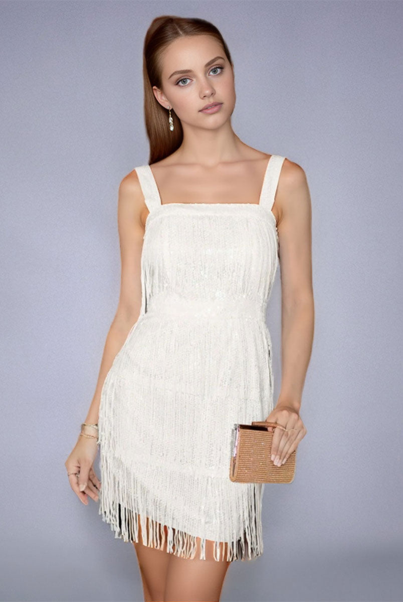 White Solid Color Sequin Fringe Spaghetti Strap Party Dress
