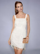 White Solid Color Sequin Fringe Spaghetti Strap Party Dress
