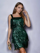 Dark Green Solid Color Sequin Fringe Spaghetti Strap Party Dress