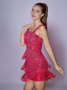 Rose Red Solid Color Sequin Fringe Spaghetti Strap Party Dress