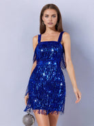 Blue Solid Color Sequin Fringe Spaghetti Strap Party Dress