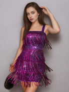 Purple Solid Color Sequin Fringe Spaghetti Strap Party Dress