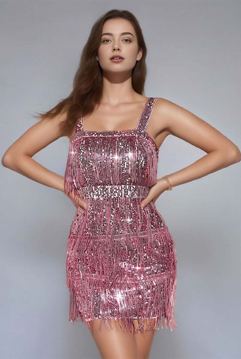 Pink Solid Color Sequin Fringe Spaghetti Strap Party Dress