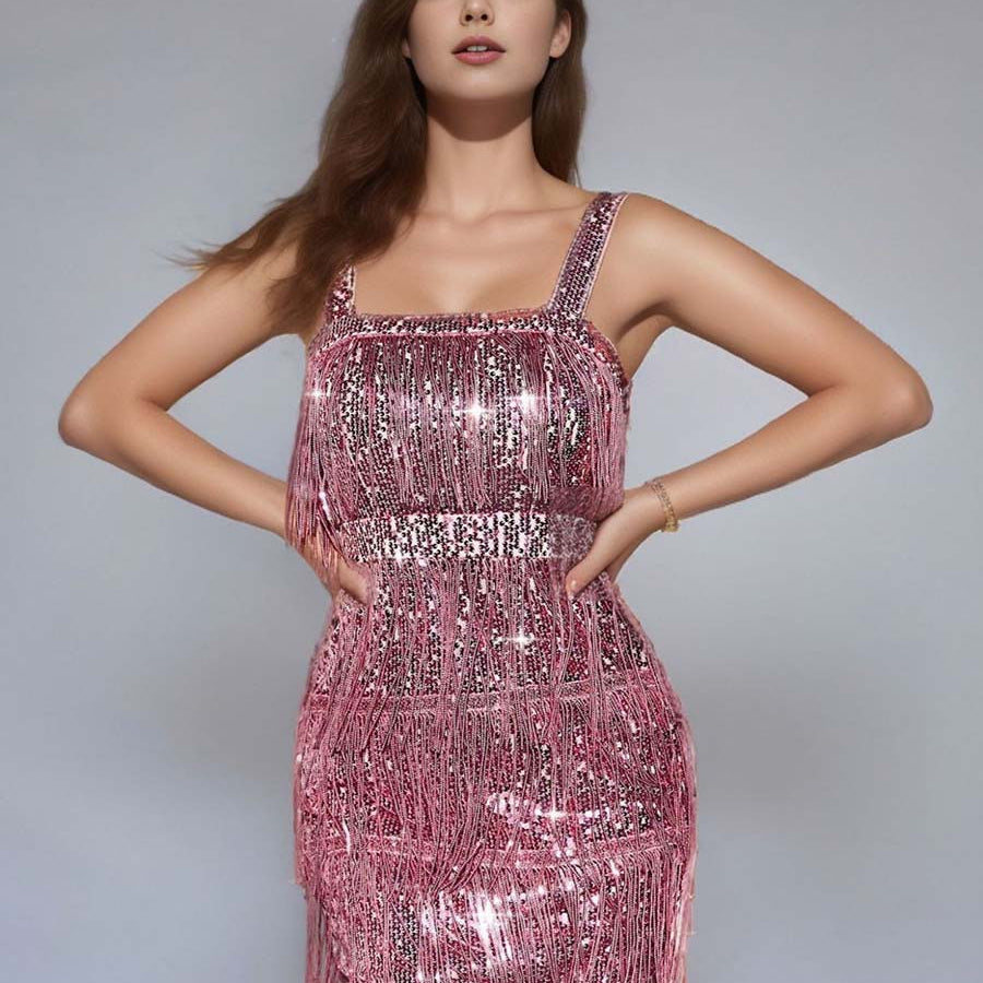 Pink Solid Color Sequin Fringe Spaghetti Strap Party Dress