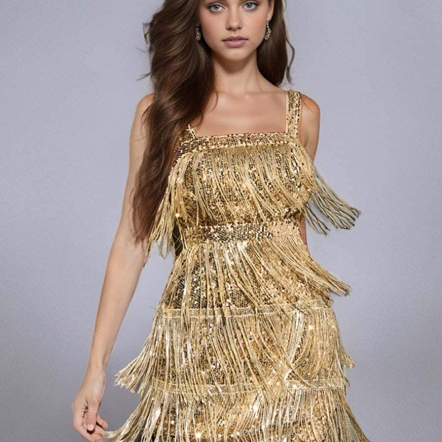 Golden Solid Color Sequin Fringe Spaghetti Strap Party Dress