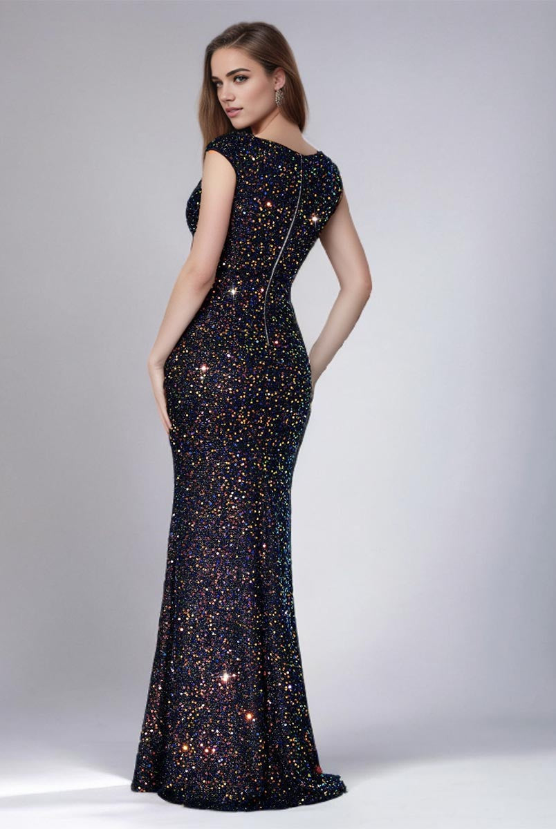 Navy Blue Mermaid Sequin V-Neck Spaghetti Strap High-Waist Gown
