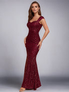 Wine Red Mermaid Sequin V-Neck Spaghetti Strap High-Waist Gown