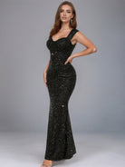 Black Mermaid Sequin V-Neck Spaghetti Strap High-Waist Gown