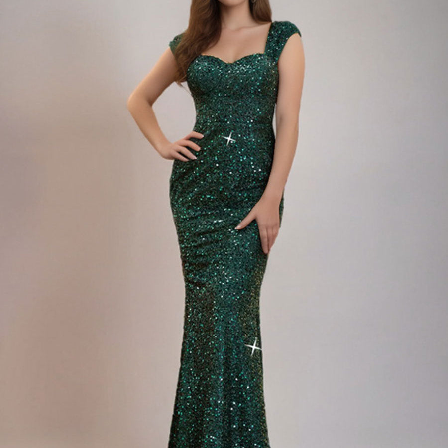 Green Mermaid Sequin V-Neck Spaghetti Strap High-Waist Gown