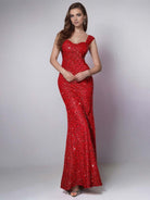 Red Mermaid Sequin V-Neck Spaghetti Strap High-Waist Gown