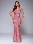 Lotus Root Pink Mermaid Sequin V-Neck Spaghetti Strap High-Waist Gown