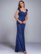 Blue Mermaid Sequin V-Neck Spaghetti Strap High-Waist Gown