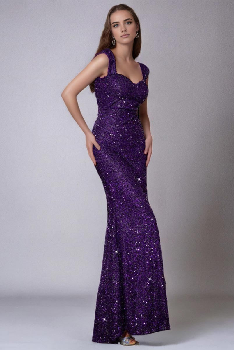 Purple Mermaid Sequin V-Neck Spaghetti Strap High-Waist Gown
