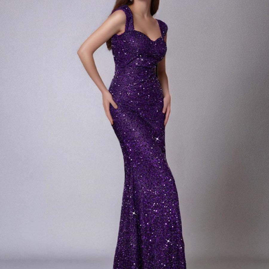 Purple Mermaid Sequin V-Neck Spaghetti Strap High-Waist Gown