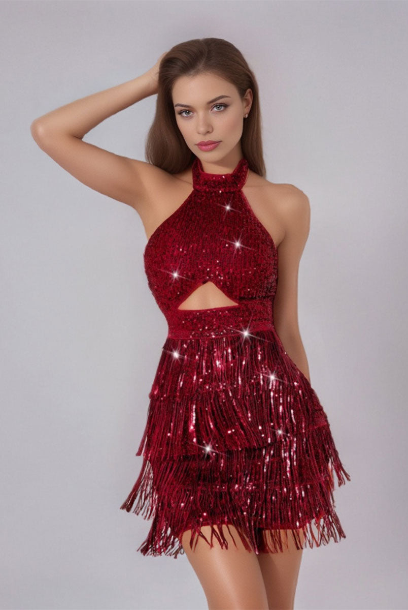 Wine Red Solid Halter Backless Sequin Fringe Cocktail Mini Dress